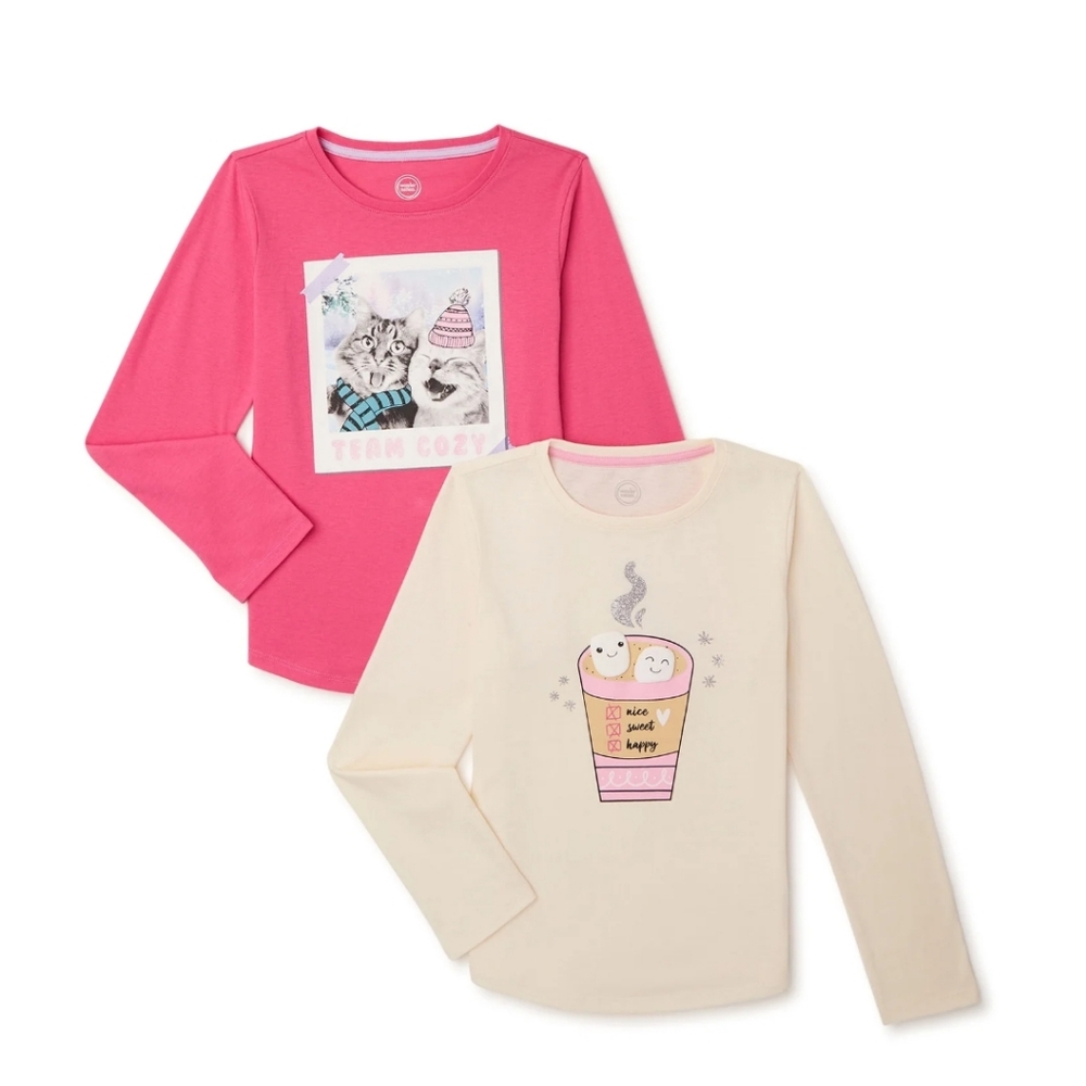 NWT Wonder Nation Girls Long Sleeve Graphic T-Shirts, 2-Pack, Sizes Large 10/12